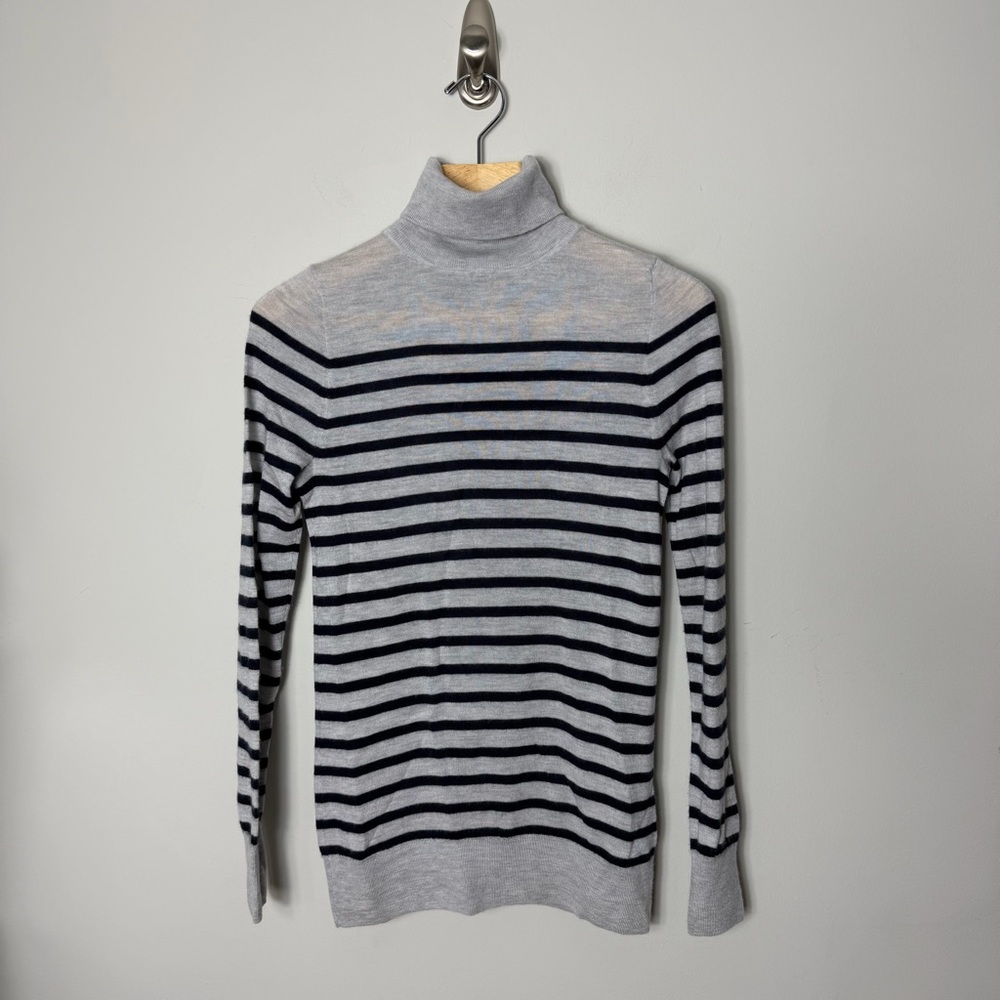 J. Crew 100% Italian Cashmere Turtleneck Sweater Gray Navy Striped Size Small *W - Picture 2 of 10